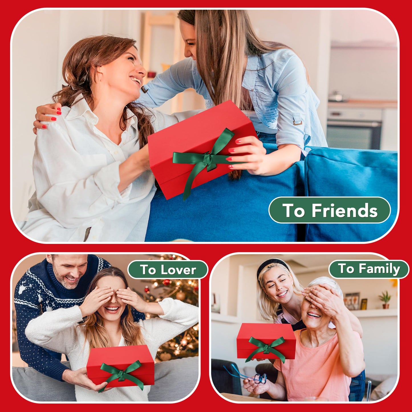 SWANGSA Red Christmas Gift Boxes with Lid for presents 10.2x8.8x3.8 Inches, Large Gift Box with Ribbon and Magnetic Closure, Collapsible Gift Box for Christmas, Wedding, Valentine's day, Birthday Gift