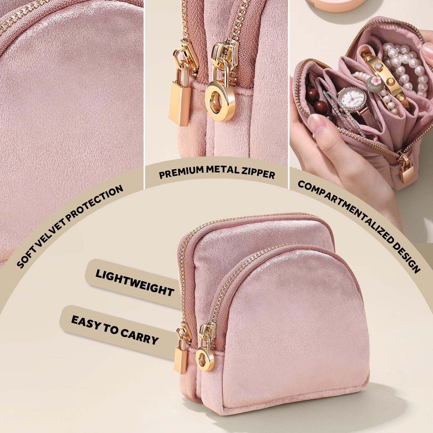 Lumayina Small Travel Jewelry Case Set 2-in-1 Detachable Velvet Pouches, Portable Jewelry Organizer Bag for Rings Earrings Bracelets, Gift Box for Women (Blush Pink)