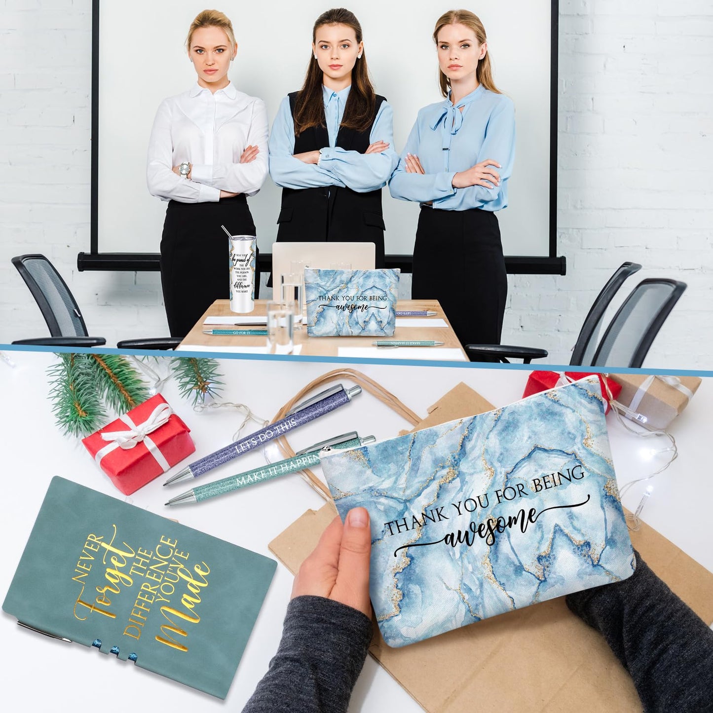 Domensi 6 Pcs Employee Appreciation Gift Set for Women Female Thank You Gift May You Be Proud 20 oz Rustic Marble Sign Tumbler Makeup Bag Journal for Nurse Lady Work Business(Blue)