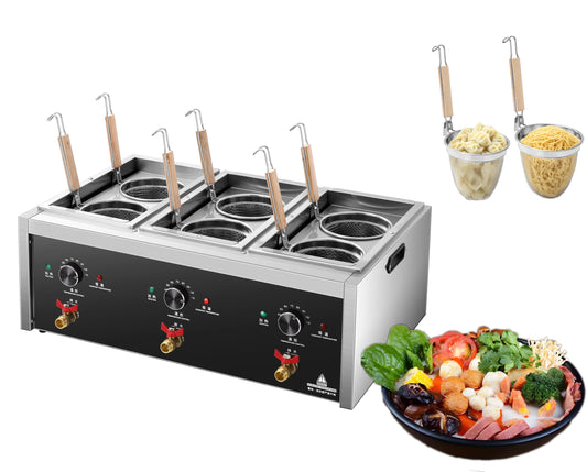 Koalalko Commercial Pasta Cooker with Drain Valve 3 Independent Tank 6 Pasta Strainers Noodle Cooking Machine Pasta Makers Boiler Temperature Adjustable Boiler For Spaghetti Ramen 110V US plug
