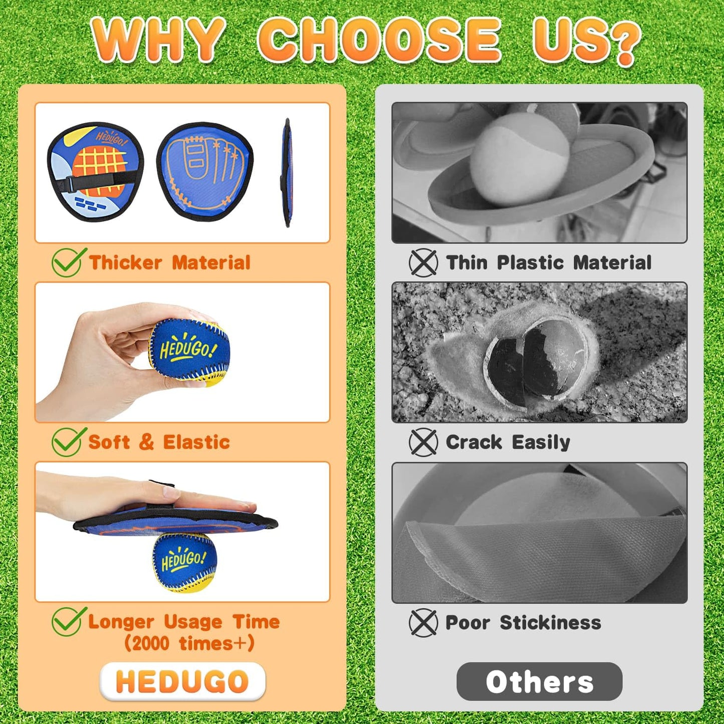 HEDUGO Ball and Catch Game Toss and Catching Ball Set Outdoor Toys for Kids at The Beach, Yard, Lawn Pool or Park Outside Games 4 Paddles 4 Balls Family Games for Kids and Adults Baseball Toys Gifts