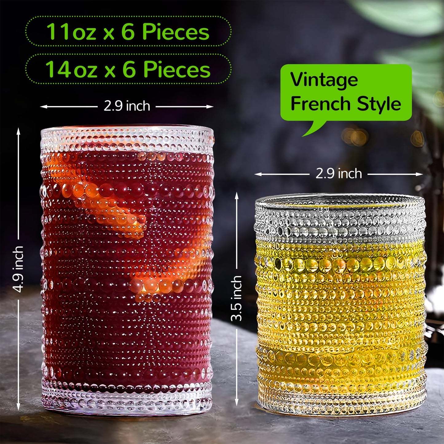 Lvtrupc Vintage Hobnail Drinking Glasses Set of 12-14 oz Old Fashioned Water Glass Cups & 11 oz Cocktail Glasses, Aesthetic Kitchen Bar Tumbler Glassware Gifts Sets for Smoothie, Juice, Coffee, Wine