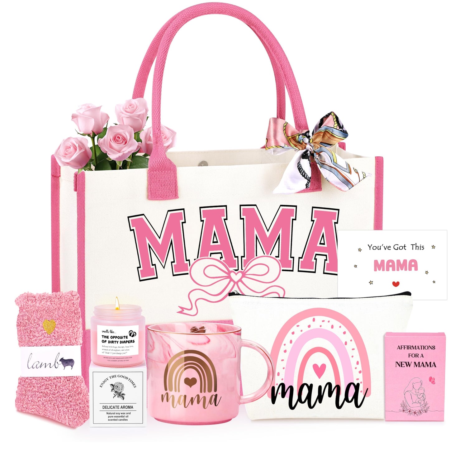 JSTUMB New Mom Gifts, First 1st Mothers Day Birthday Gifts for New Mom Care Package After Baby Postpartum Present for Expecting Mama Basket Set of 7