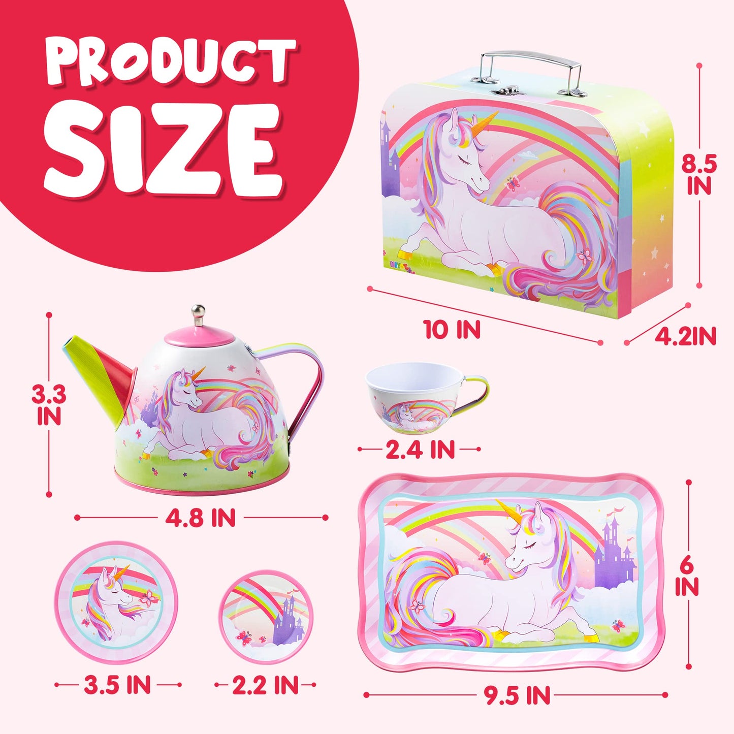JOYIN Unicorn Tea Party Set for Little Girls, Pretend Pink Tin Teapot Set, Princess Tea Time Play Kitchen Toy with Teapot, Cup, Plate, Carrying Case for Kids Toddlers Age 3 4 5 6, Easter Birthday Gift