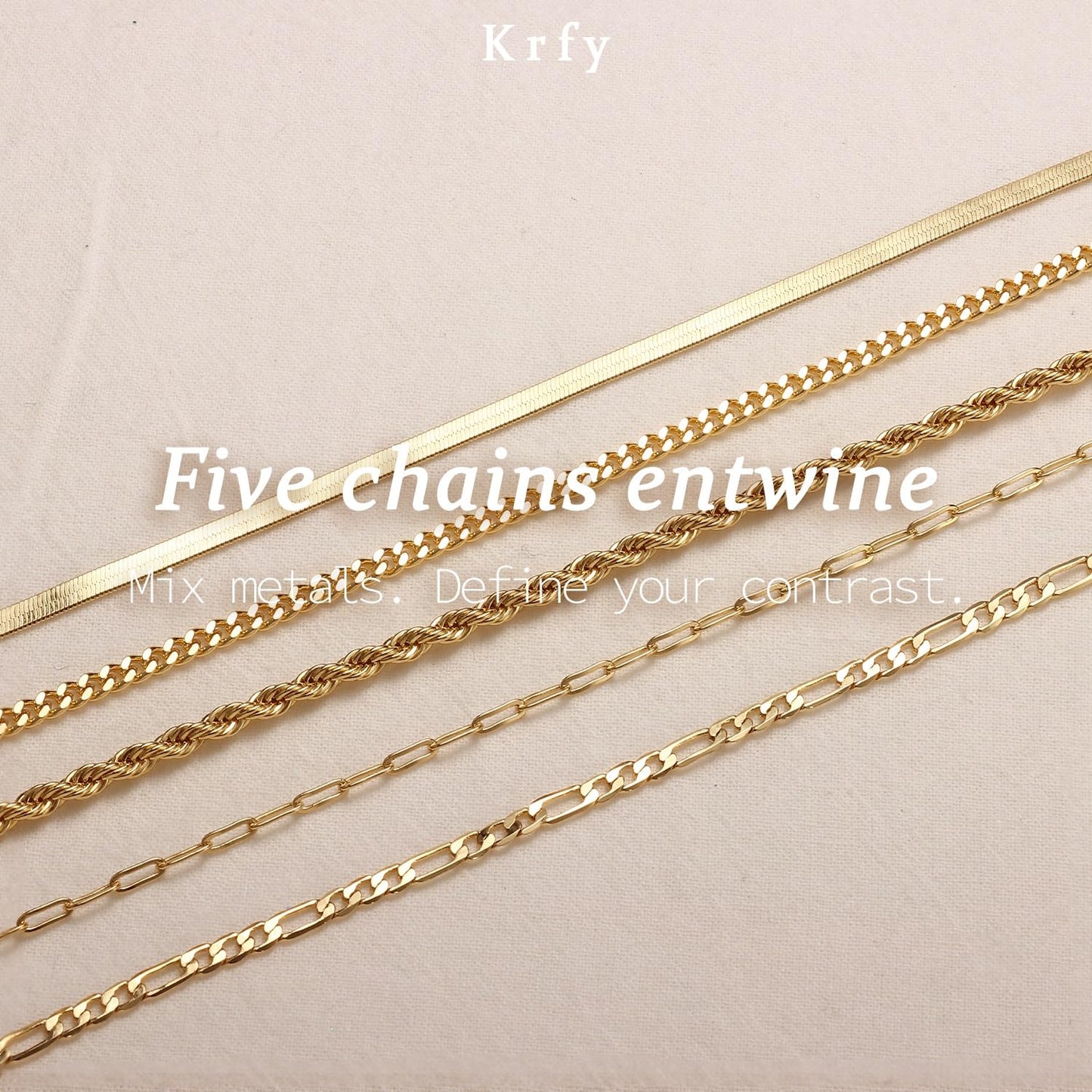 Krfy 5Pcs Gold Plated Bracelets for Women Trendy, Bracelet Stack Non Tarnish Waterproof Bracelets for Women Fashion Accessories with Paperclip Herringbone Figaro Cuban Twist Chains