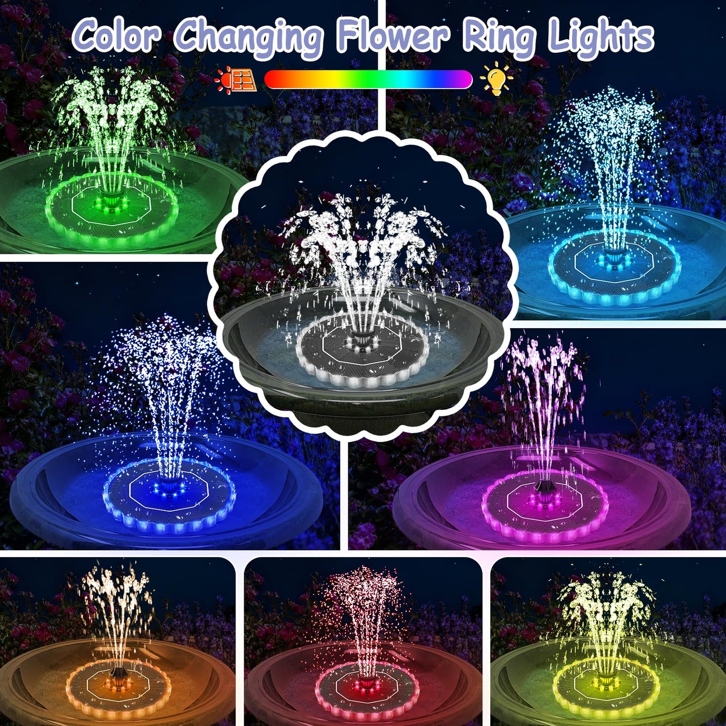 Yzert Solar Fountain Colorful Ring Lights, 2026 3.5W Solar Water Fountain with 2000mah Battery, Solar Fountain Pump for Bird Bath, Pond, Pool, Outdoor