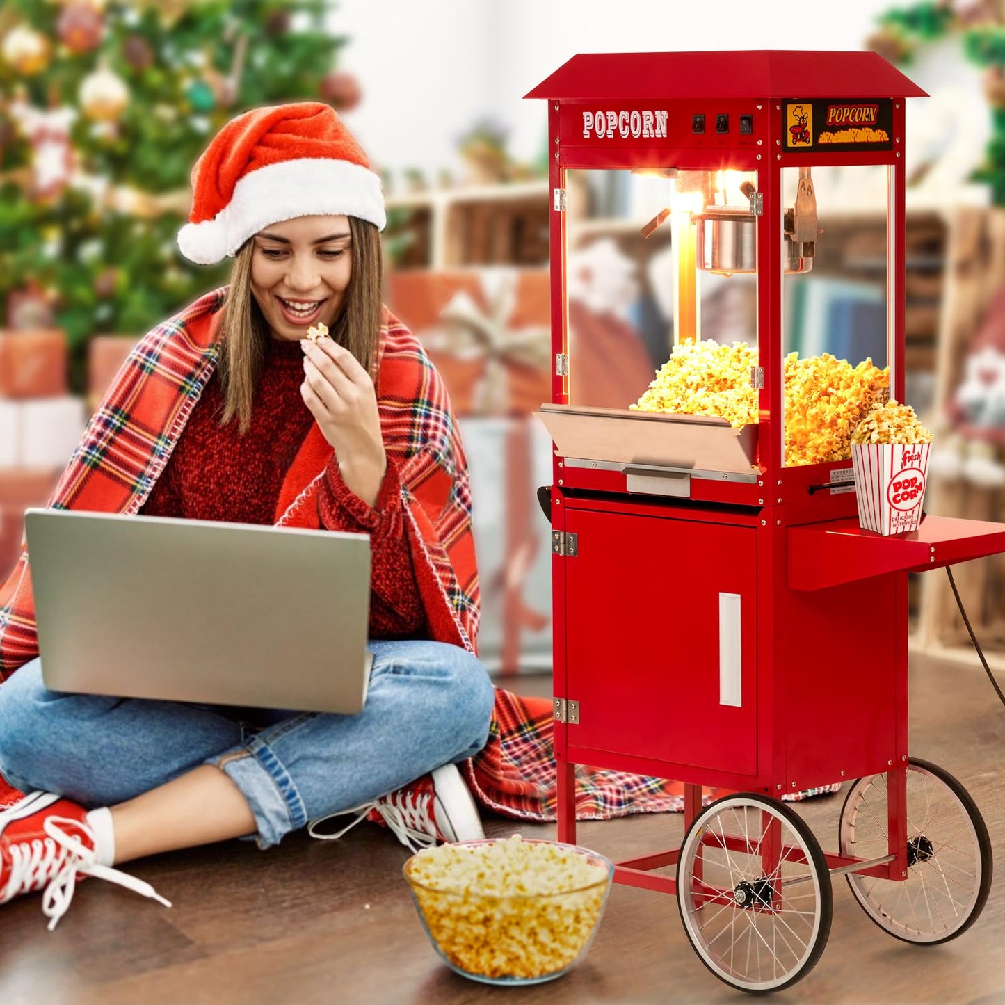 Takywep Commercial Popcorn Machine Cart, Popcorn Maker with 10 Oz Kettle Makes Up to 64 Cups, 3-Switch Control, Theater Style Popcorn Poppers