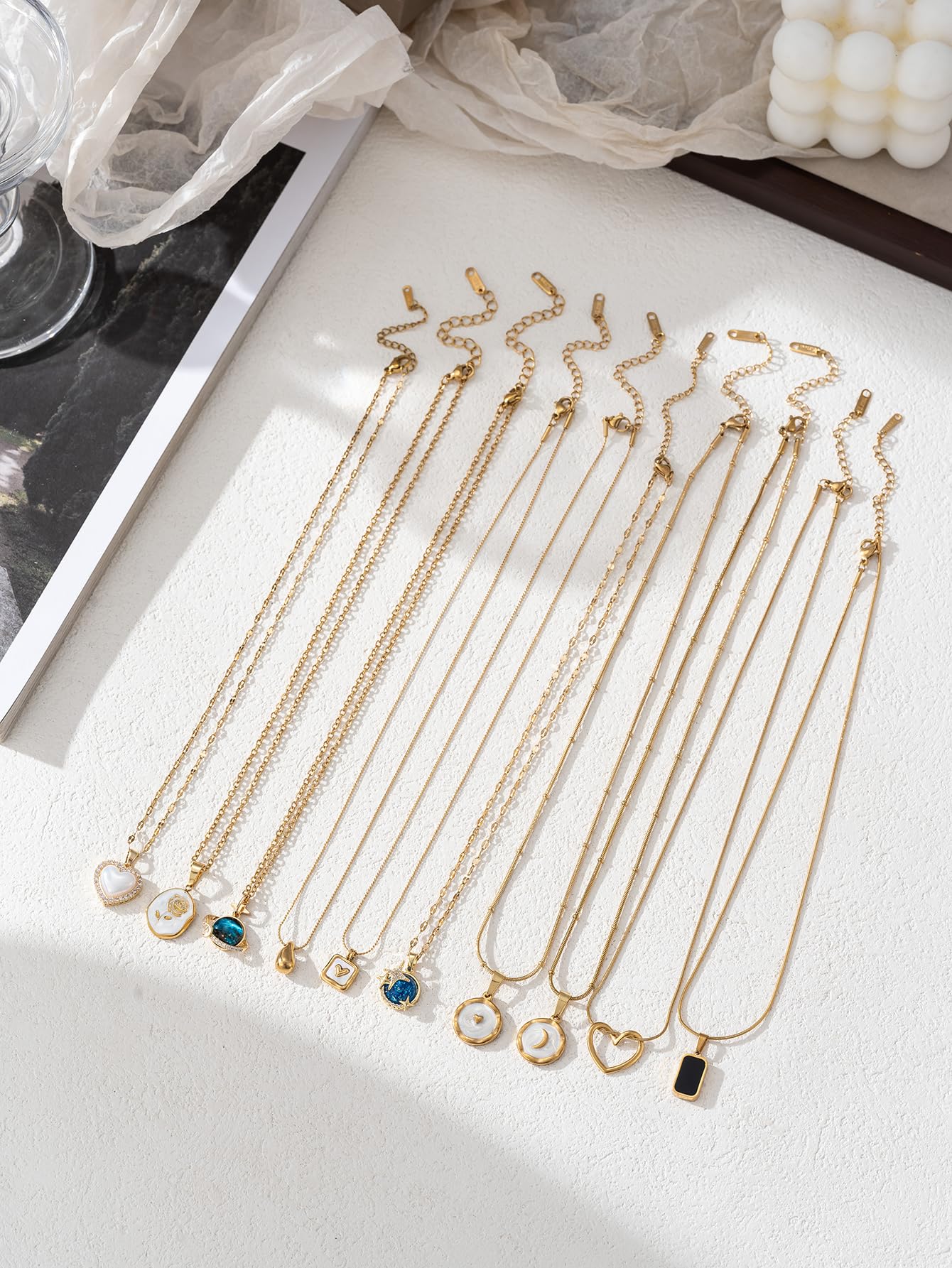 Trendy Stainless Steel Gold Plated Charm Necklace with Heart Pearl Pepper Conch Ceramic Pendant Necklace for Women Collares Chokers Jewelry (10PCS)