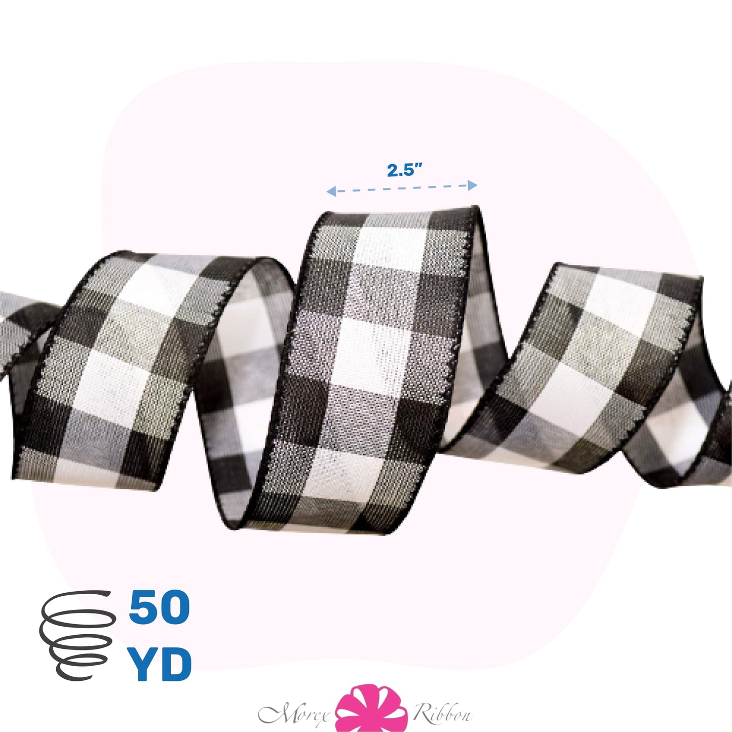 Morex Ribbon 7398.60/50-613 Cambridge 2.5" X 50 YD Wired Ribbon, Black and White, Buffalo Check Plaid Ribbon for Gift Wrapping, Christmas Decorations Indoor Home Decor, Craft Supplies & Materials