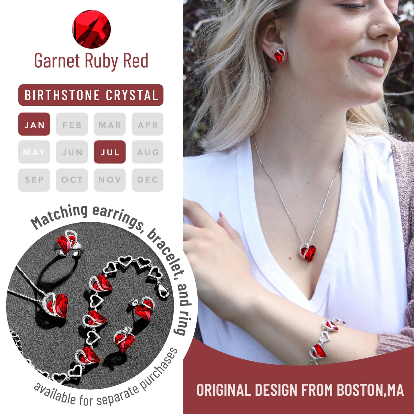 Leafael Gift Necklaces for Women, Infinity Love Birthstone Heart Pendant, Ruby Garnet Red Crystal for January July, Birthday Jewelry for Her, Mom, Wife, Silver Plated, 18" + 2" Chain