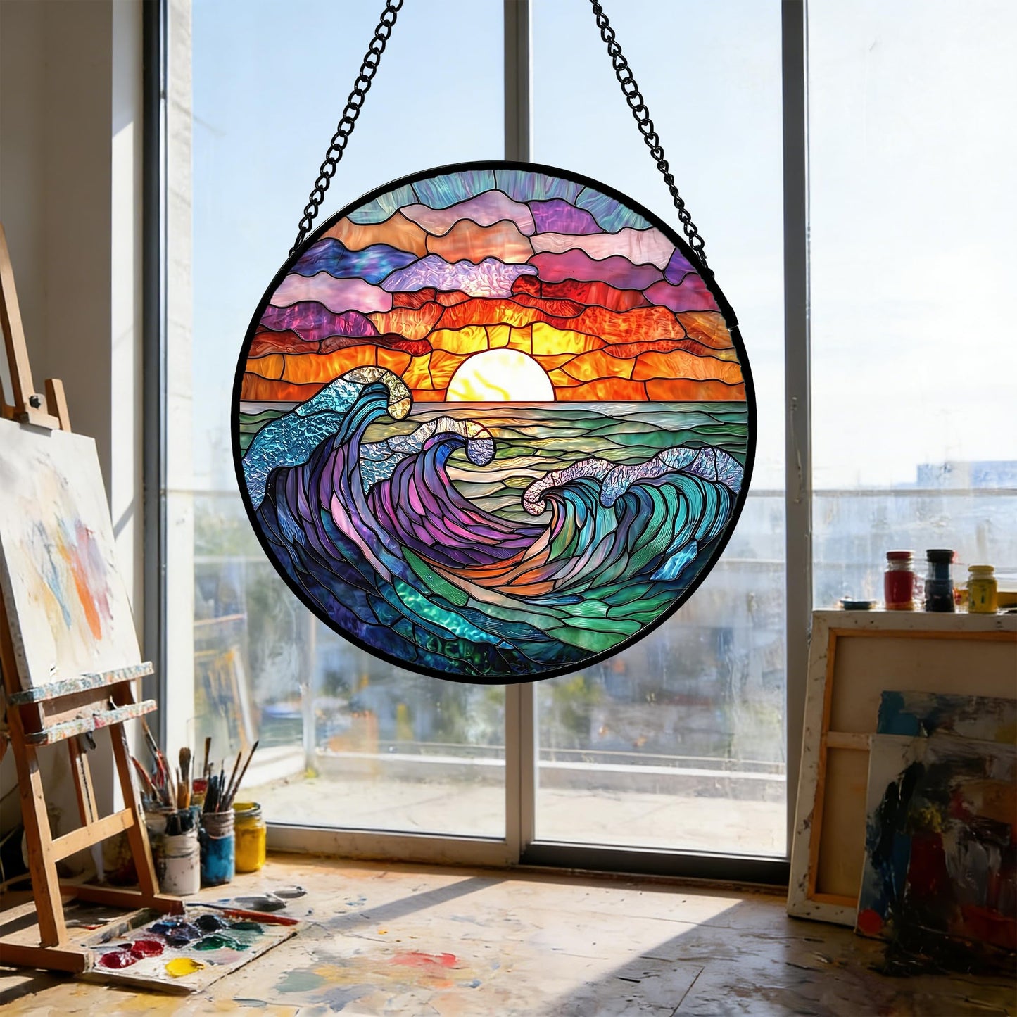 DASTOLL Stained Glass Window Hanging, Clouds and Sea Waves Suncatcher Diamond Glass Panel Hangings Scenery Sun Catchers Decor for Birthday for Women, Men, Wife, Aunt, and Mom 9.8 in