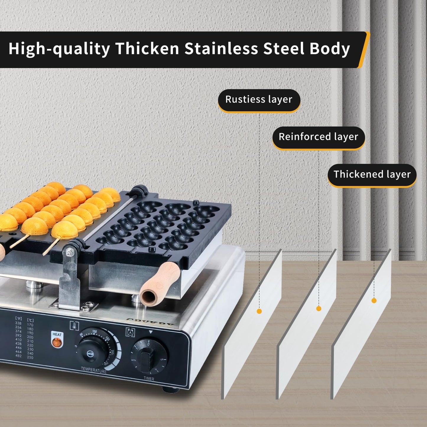 CPVKRY Commercial Waffle Skewer Maker, 120V 3-Grid Nonstick Electric Bubble Waffle Ball Machine, Double-heating Stainless Steel Bubble Waffle Stick Machine for Restaurant, Snack Bar, Street Stall