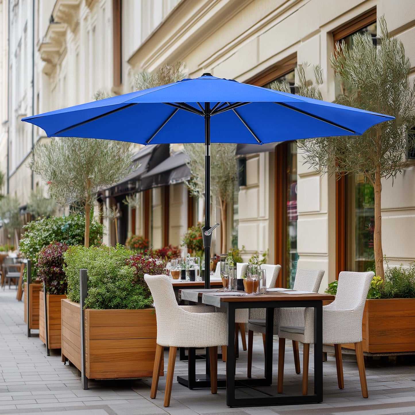 OLIXIS 9ft Patio Umbrella with Tilt and Crank Button & 8 Sturdy Ribs Waterproof, Patio Table Umbrella Perfect for Poolside, Terrace, Beach and Outdoor Restaurant, Blue