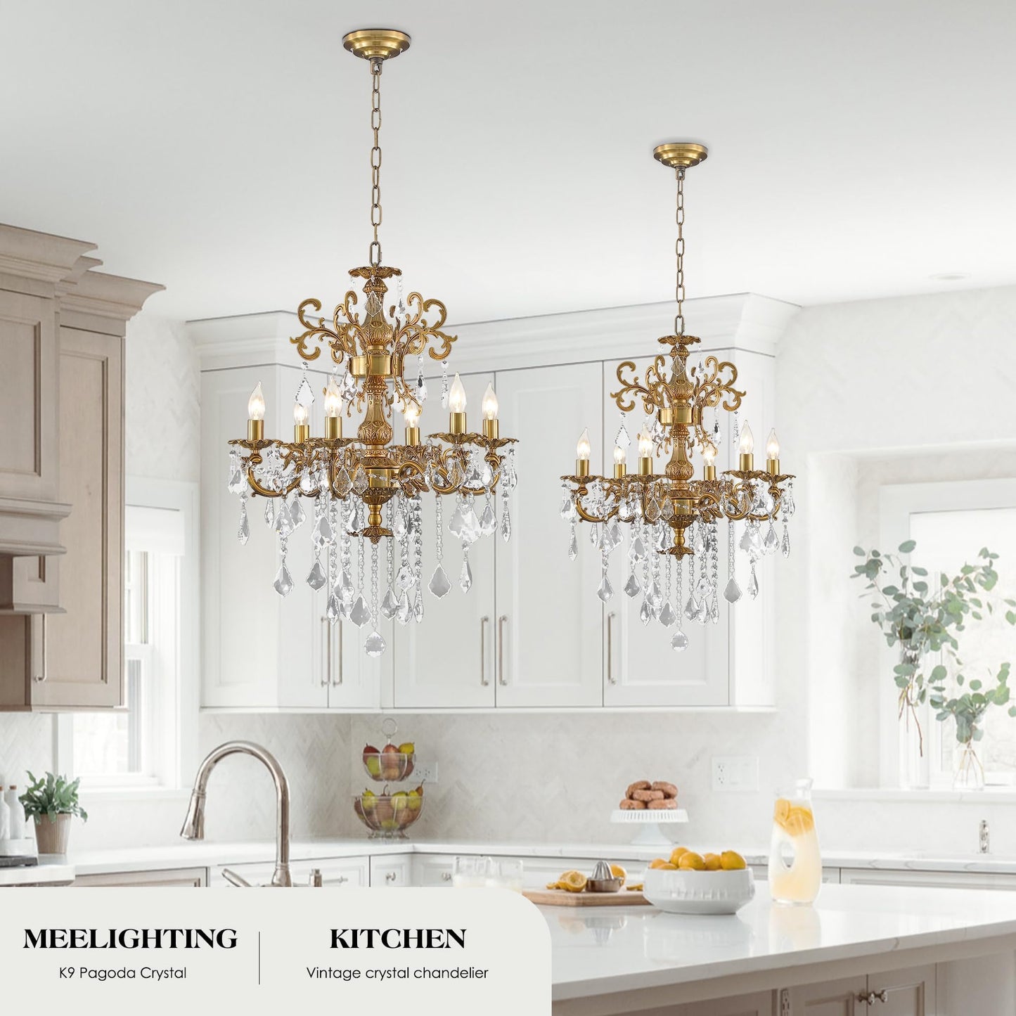 MEELIGHTING Luxury Antique Bronze Crystal Chandeliers with Candle Pendant Ceiling Light Fixture - 6 Lights Gold Crystal Chandelier for Dining Room, Living Room, Kitchen, Bedroom - D23 inch