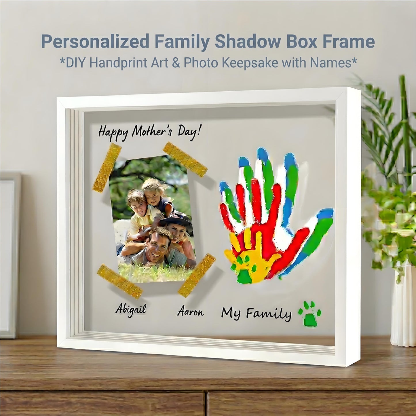 Family Handprint Keepsake Frame Kit with Photo Display – DIY 3D Floating Layered Design for Mom, Dad and Baby – Safe Non-Toxic Paint Set for Footprints – Perfect Baby Shower Gifts, New Parents Couples Keepsake, Home Decor 13.1x9.6 Inch (White)
