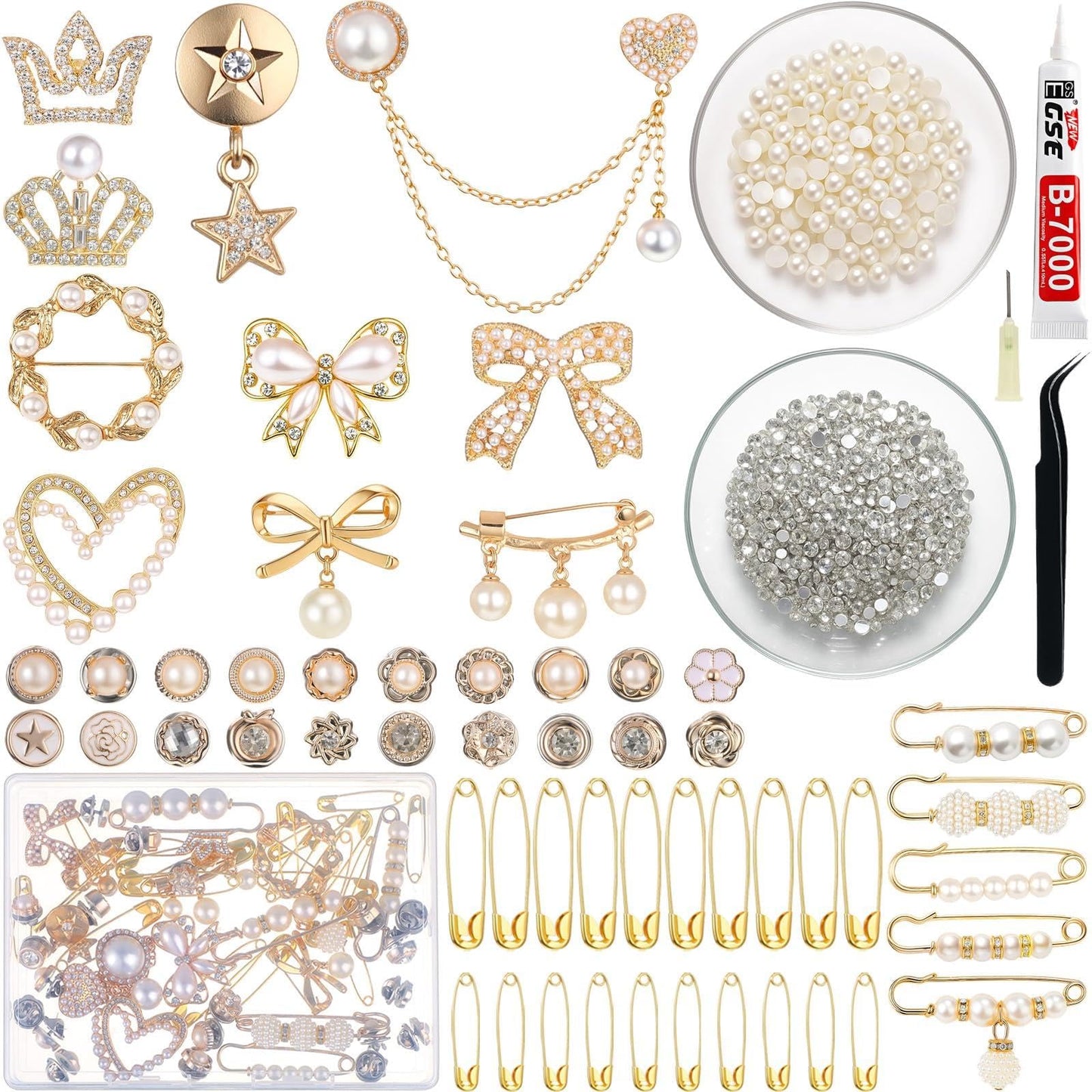 Suncalla 1499 Pcs Junk Socks Charms Kit Gold Brooches and Pins for Women, Pearl Patch Rhinestone Charms with Safety Pins DIY Accessories for Socks Dress Clothes Hats Shoes Scarf Shawl Decoration