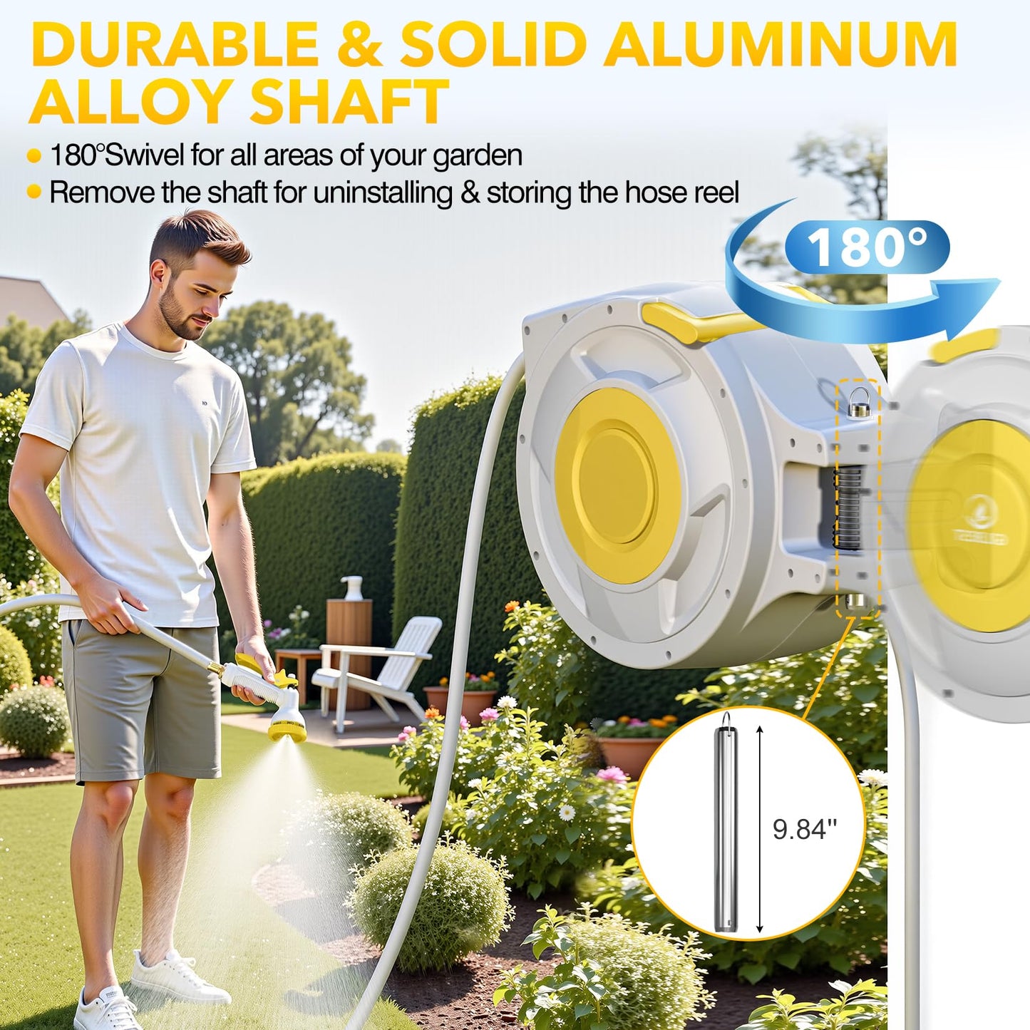 5/8" x 100 ft Retractable Garden Hose Reel, Heavy Duty Water Hose Reel Wall Mounted, Any Length Lock, 180°Swivel, Water Hose with 8-Function Nozzle for Cleaning, Watering(Yellow)