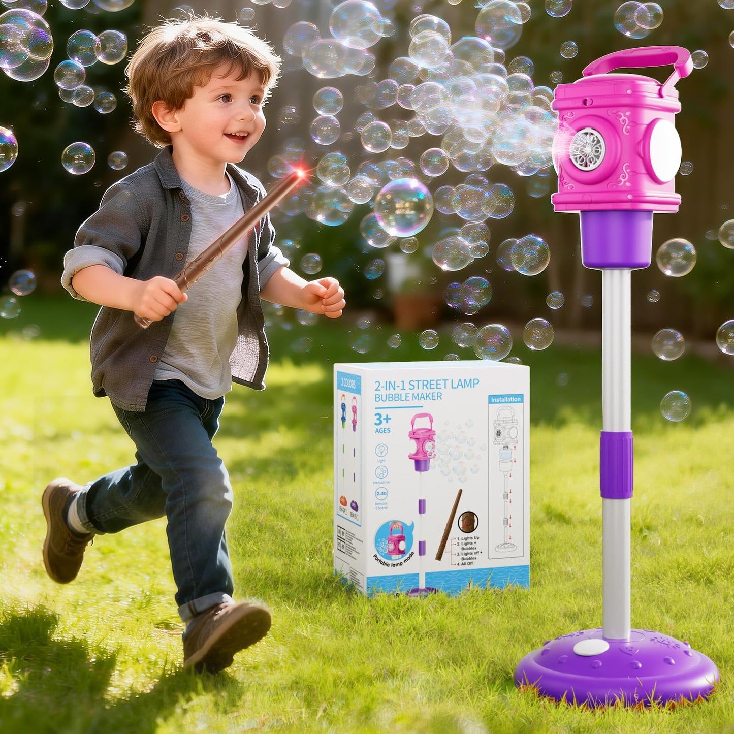 2-in-1 Remote Street Lamp Bubble Machine for Kids 3-6 4-8 Years Old, Outdoor & Indoor Bubble Maker Toys with Lights for Boys and Girls 3 4 5 6 7 8+ Birthday Party Gifts