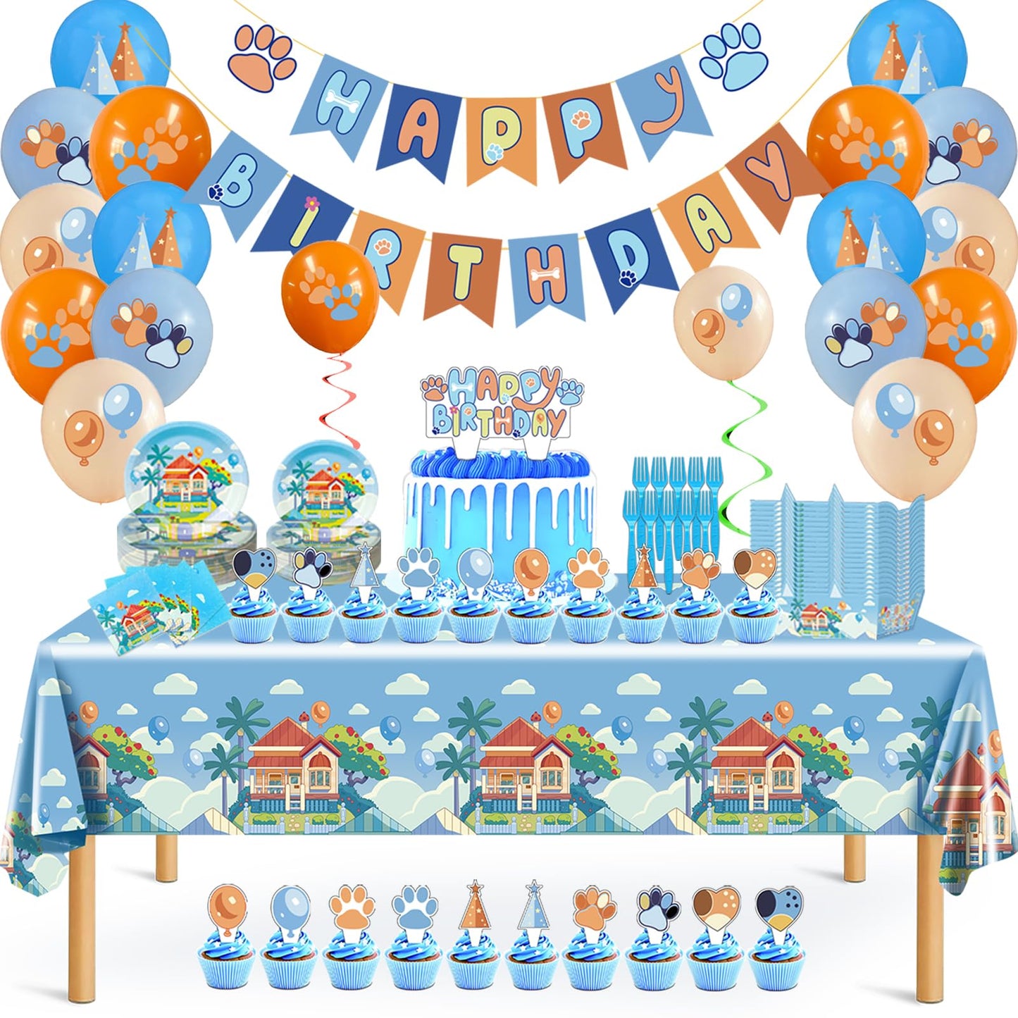 133PCS Blue Birthday Party Supplies - Serves 20 Guests，Blue Birthday Decorations, Blue Plates and Napkins, Tablecloth, Balloons, Banner, Cake Toppers, Fork & Paper Food Trays - Party Supplies