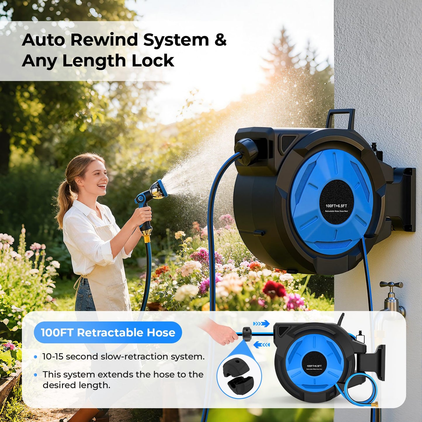 Homdox Retractable Garden Hose Reel 100 ft x 1/2 inch, Automatic Garden Hose Reels with 10 Pattern Nozzle, Wall Mounted Hose Reel, Auto Rewind, 180°Swivel, Any Length Lock Water Hose Reel for Outside