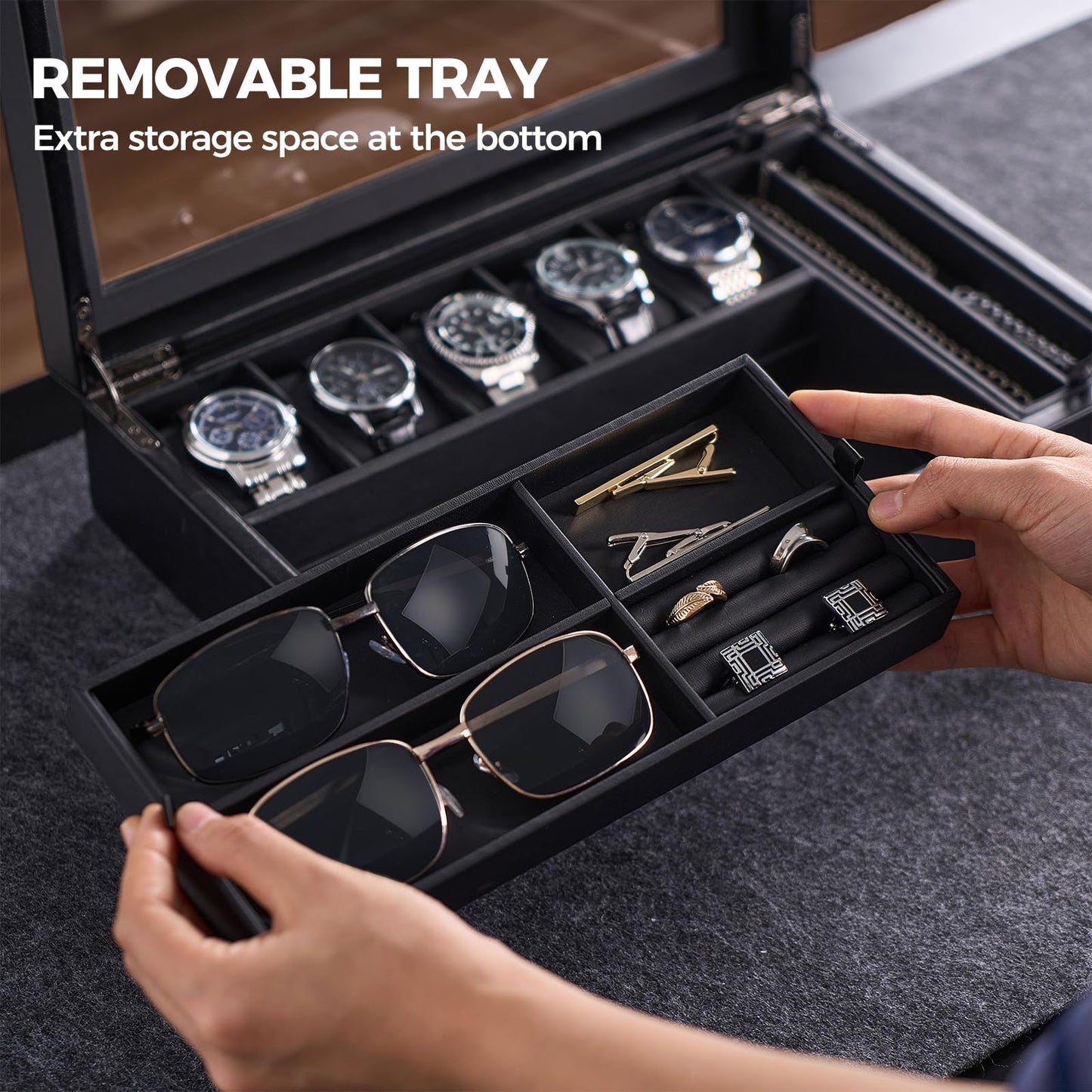 ProCase Men's Jewelry Box, 5-Slot Wood Watch Display Case Jewellry Storage Organizer for Sunglasses Rings Accessories with Hidden Compartment, Watch Holder with Glass Lid, Gift for Men -Black