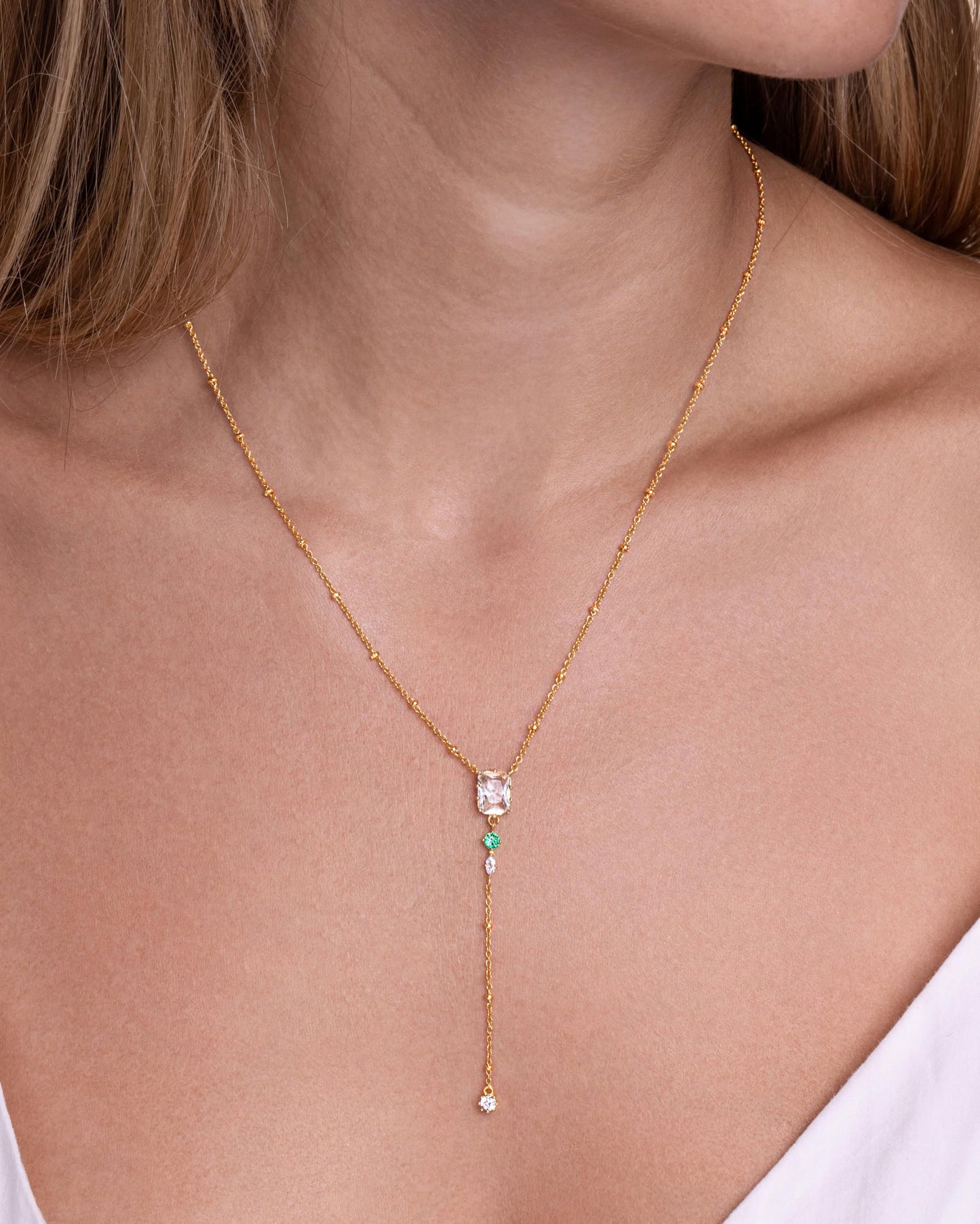 Long Drop 18K Gold Plated Stacked Layered Beaded Green Emerald CZ Pendant Necklace For Wome by SNGIA, Dainty Trendy Birthstone Gemstone Statement Jewelry Gifts, Bohemian Vintage Handmade Unique Exaggerated Cute Thin Skinny Dainty Chain, Summer Beach Fashi