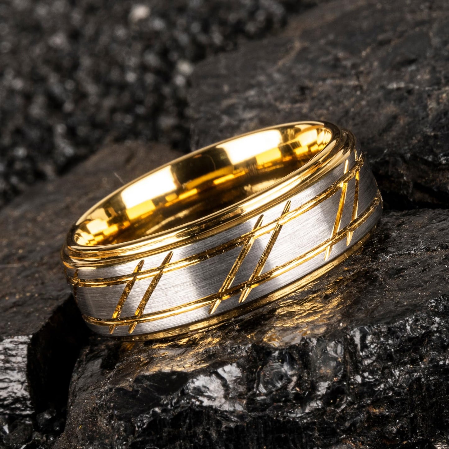 JEWPER 8mm Men Womens Wedding Band Tungsten Rings Gold Fashion Promise Carbide Silver brushed groove design on the outer ring Matte Finish Edge Comfort Fit size(7)