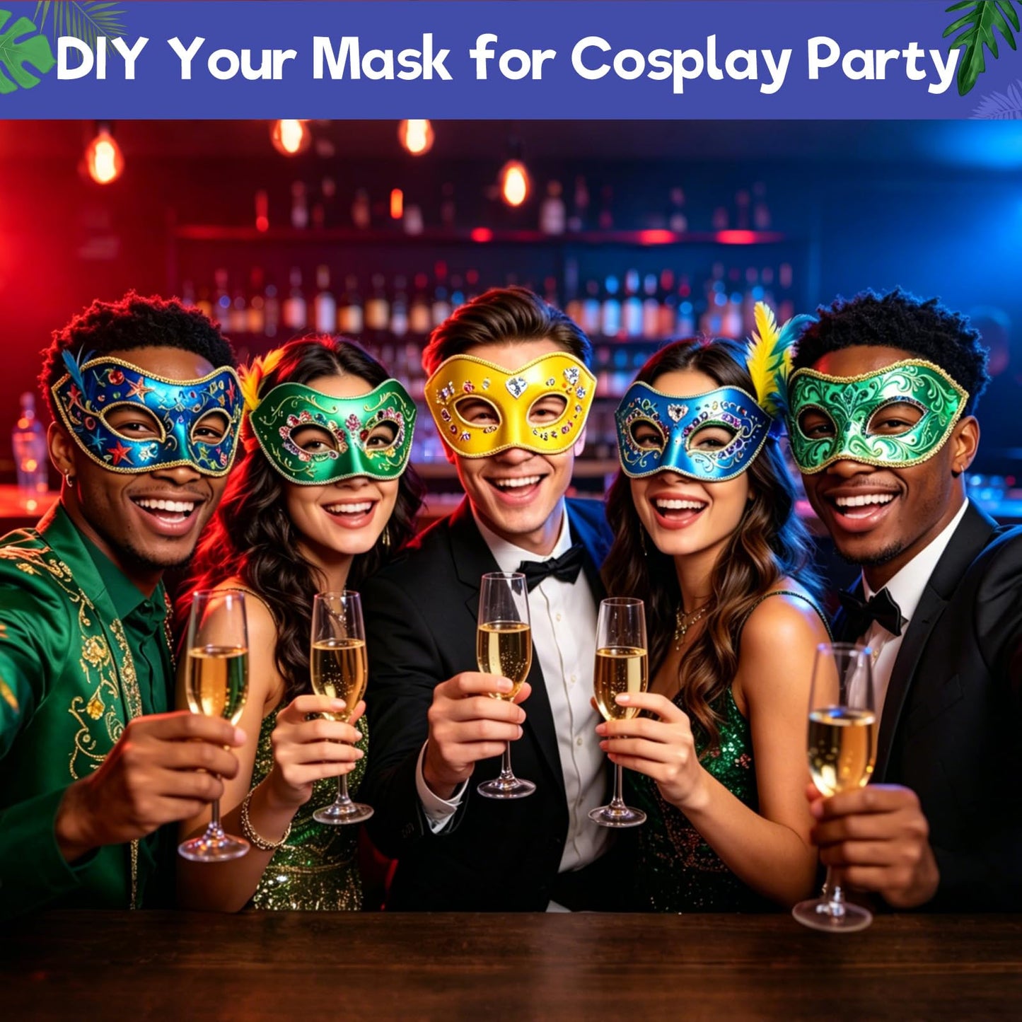 Blurap 27 Pcs Paper Mache Mask Kit, DIY Half Face White Masquerade Mask with Watercolor and Gem Stickers, Bulk Mardi Gras Masks for Women Man Masquerade Party Halloween Cosplay Costume