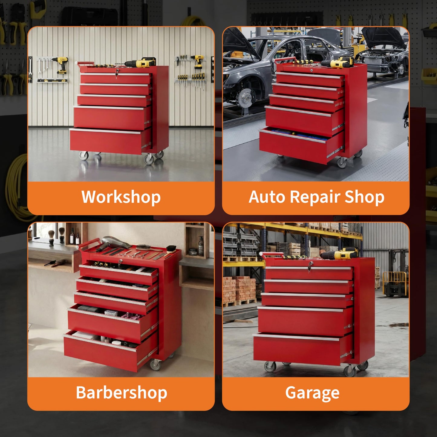 IDEALHOUSE Rolling Tool Chest, 5 Drawers Tool Storage Cabinet, Toolbox with Wheels, Portable Tool Cabinet Organizer with Locking System & Drawer Liners, Tool Storage Cart for Garage, Workshop, Red