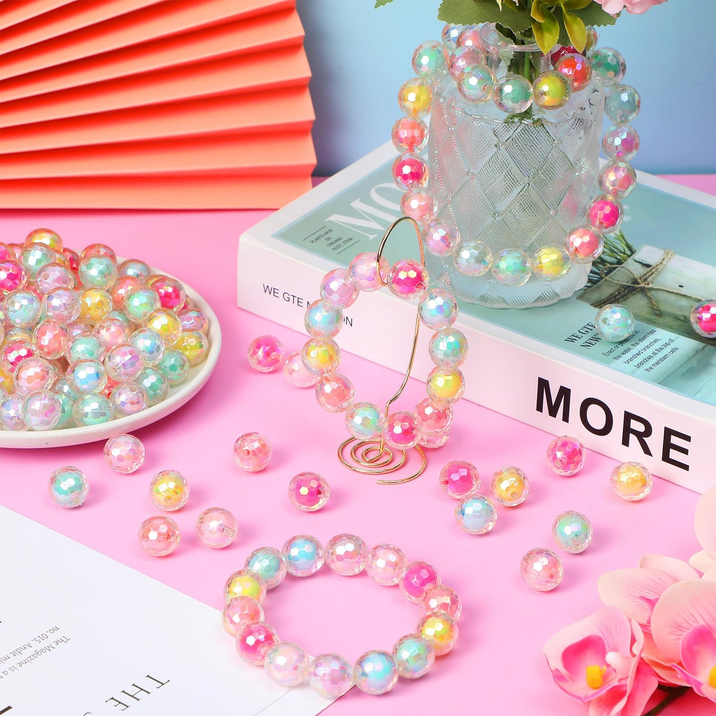 Hotop 126 Pcs Acrylic Beads, Bubblegum Focal Beads for Beadable Pen, Shiny Ab/UV Color Faceted 15mm 7 Colors Mixed Lots DIY Acrylic Round Bubble Jewelry Bracelet Making Gifts(Colorful)