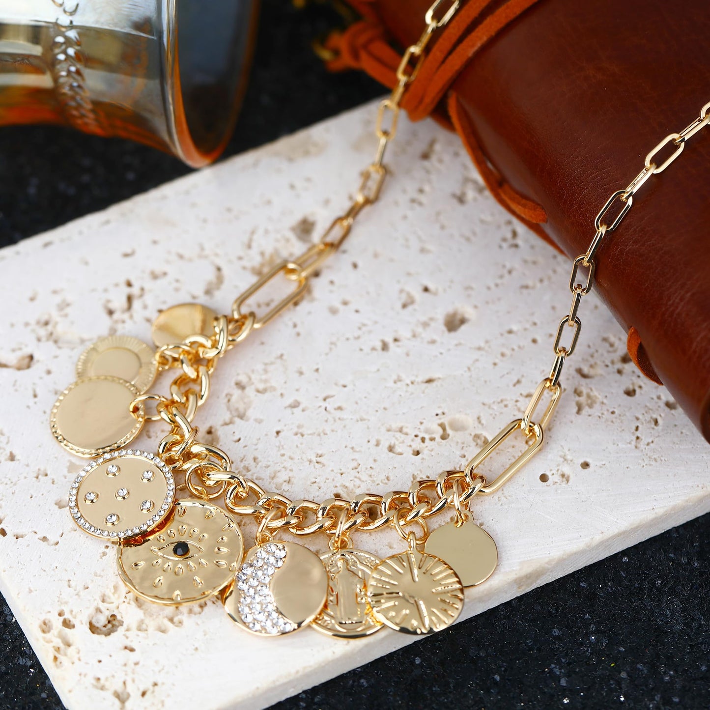 MISS RIGHT Charm Necklace for Women Dainty Gold Evil Eye Coin Lucky Vintage Paperclip Chain Sun Moon Disc Chunky Charm Pendant Necklace Jewelry Gifts COINS