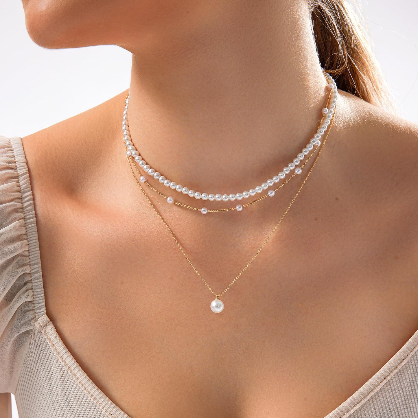 Zeffy Layered Gold Pearl Necklaces for Women 14K Gold Plated Dainty Layered Tiny Single Pearl Choker Trendy Cute Gold Necklace Stack Wedding Jewelry Sets for Women Bridesmaid Gifts
