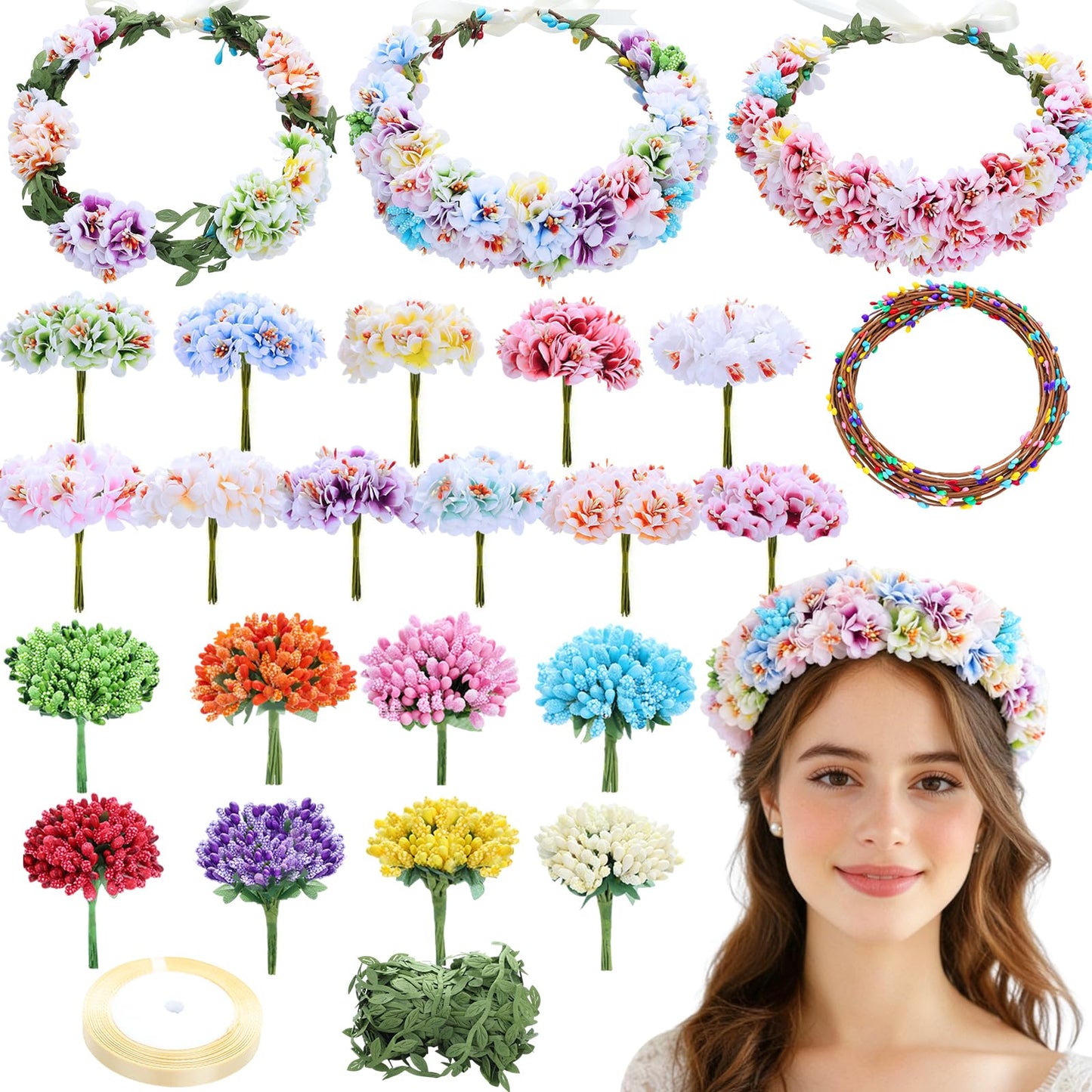 Flagogoo 22 Sets DIY Flower Crown Kit - Flower Making Kit- Handmade Your Own Flower Crowns for Women Hair Accessories Headband Making Kit for Girls - Wedding Birthday Party Festival Decor