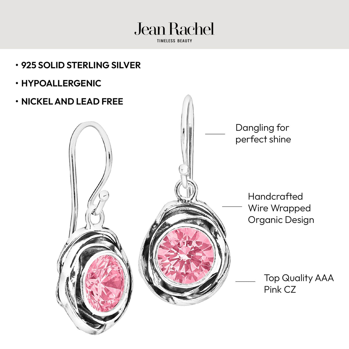 JEAN RACHEL JEWELRY 925 Sterling Silver Dangle Earrings for Women-Wire Wrap with Bezel Set Cubic Zirconia Vintage Design-Hypoallergenic,Lead&Nickel Free-Artisan Handcrafted Statement Earrings,Pink