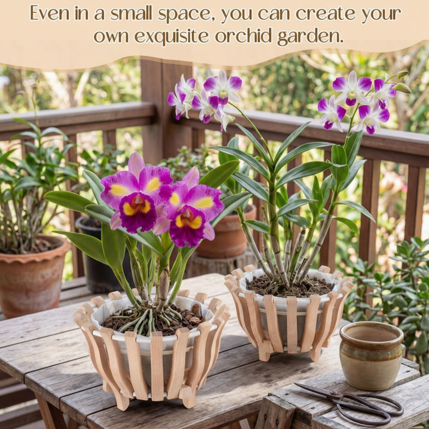 Ferrochef 2 Sets Rustic Orchid Pots with Holes, Orchid Hanging Planter with Hangers, Wooden Lotus Flower Shape 10 & 8 Inch Specialist Hanging Baskets for Outdoor Patio Garden