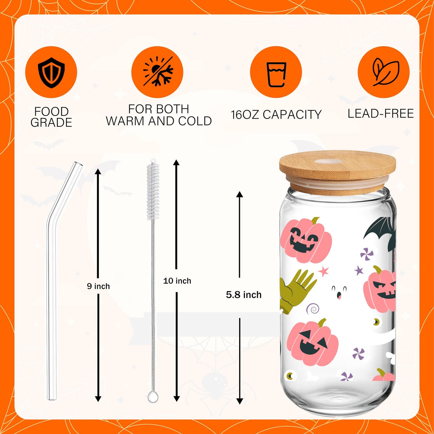 FIQZYOTHC Pink Pumpkin Halloween Cup, Spooky Iced Coffee Glass, 16oz Cute Ghosts Cups w/Lids Straws, Ghost Bats Décor Halloween Tumbler Gifts for Women, Teens, Girls, Boo Basket Stuffers