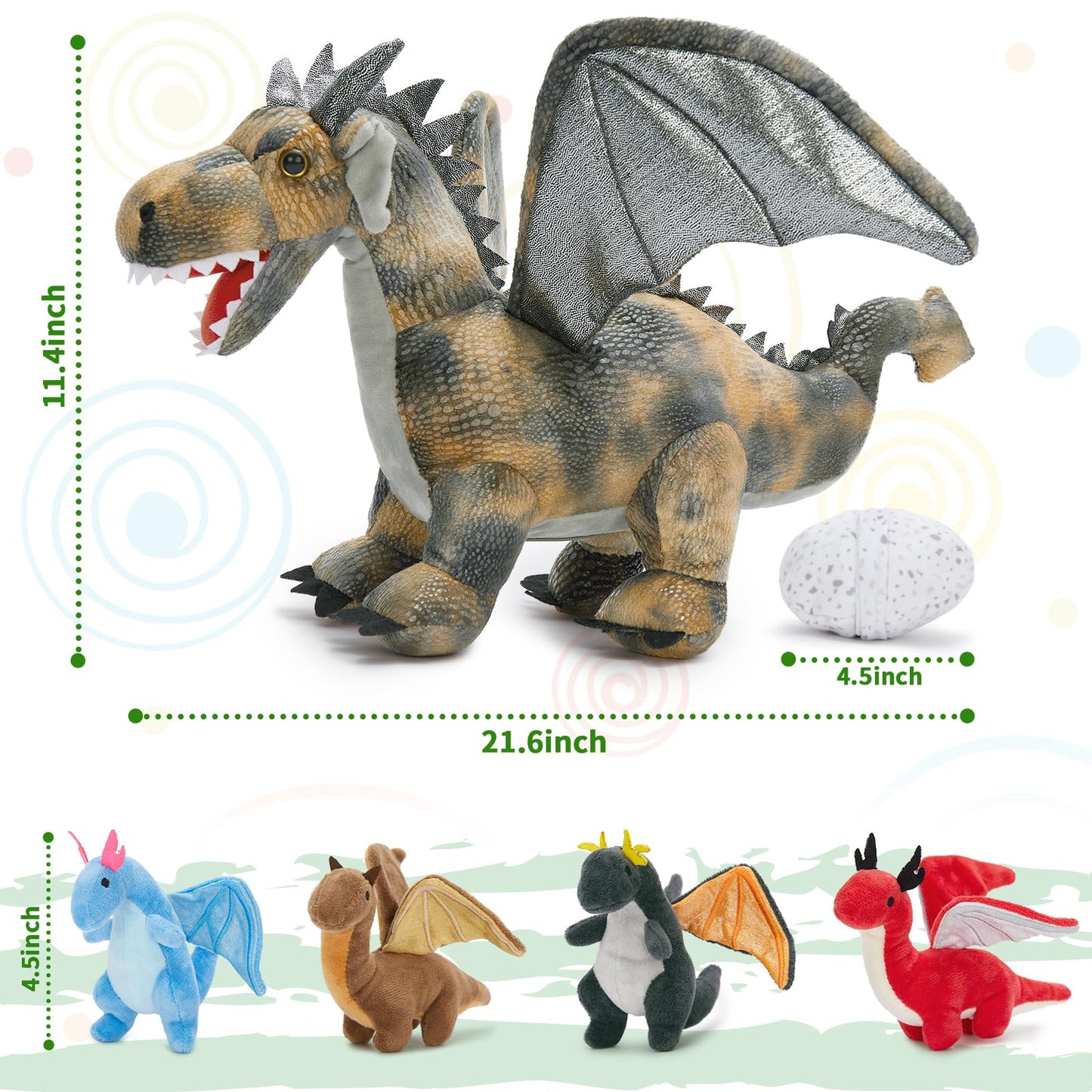 Karister 7Pcs Gray Dragon Plush Toy Set, Mother Flying Dinosaur Stuffed Animal with 4 Baby Dragon & 2 Eggs Inside, Dinosaur Stuffed Toy for Kids, Christmas Birthday Children's Day Gift for Boys Girls