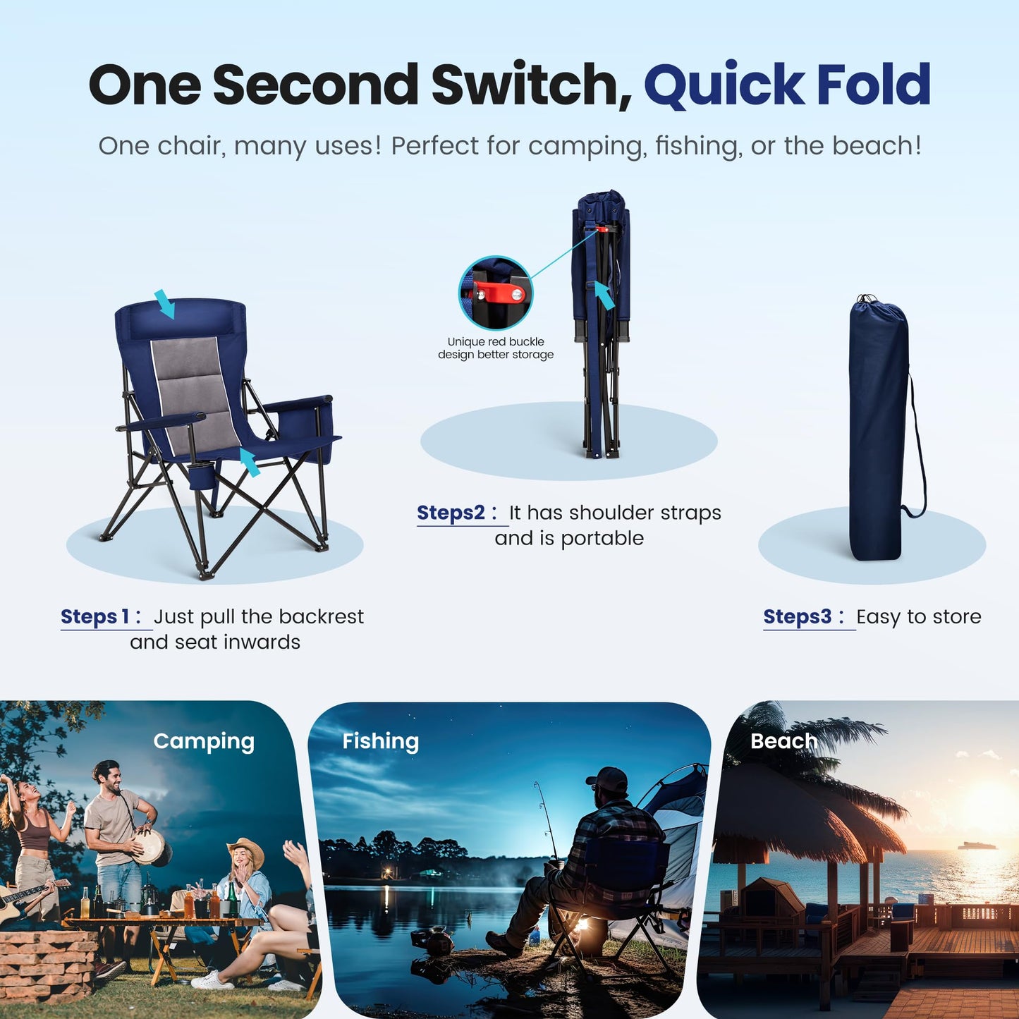 HIGH POINT SPORTS Oversized Camping Chairs for Adults, High Back Heavy Duty Lawn Folding Chair Support 500LBS, Padded Portable Outdoor Chair with Cup Holder, Blue