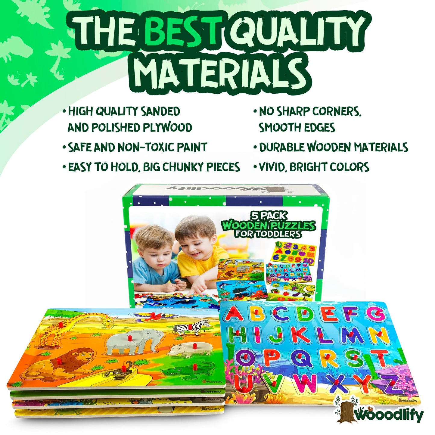 5 Pack Wooden Puzzles for Toddlers 1-3 - Colorful Chunky Wooden Peg Puzzles - Educational Learning Montessori Toys - Toddler Puzzles for Kids Ages 2-4 - Alphabet ABC Number Animal Fruit Shape