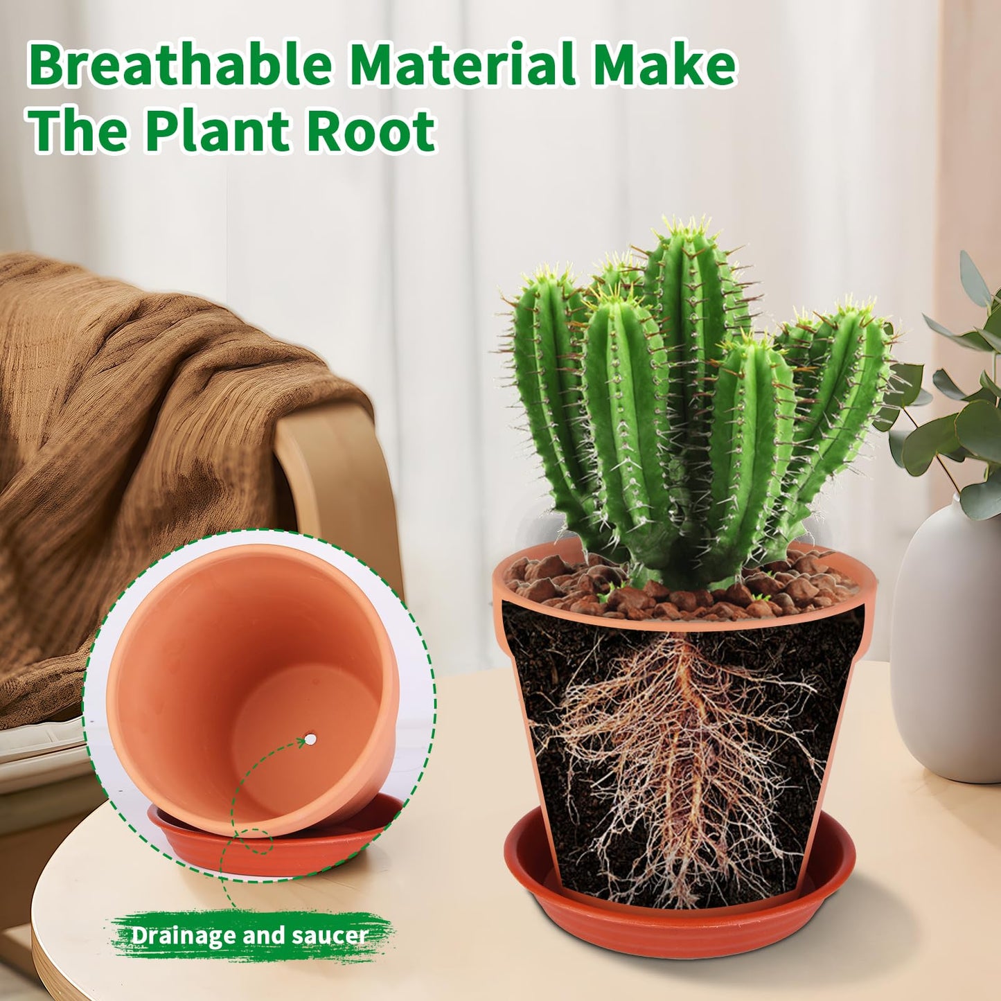 Tuqaumu 6 Pack 6 Inch Terracotta & Clay Pots with Saucer for Plants, Large Terra Cotta Plant Pot with Drainage Hole, Flowerpot for Indoor Outdoor Plants, Crafts, Wedding Favor