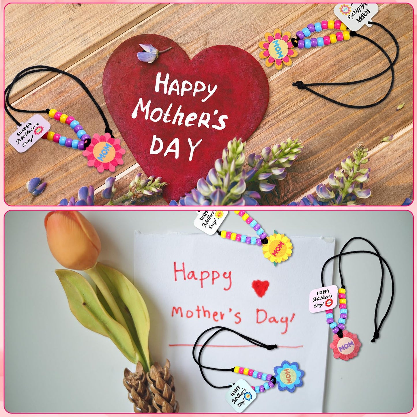 Ferreve 24 Sets Mother's Day Beads Necklace Crafts Kit Mother's Day Gifts DIY Mom Wooden Flowers Necklace Kits Bulk Make Your Own Mom Gifts for Family Classroom Making Party Favors