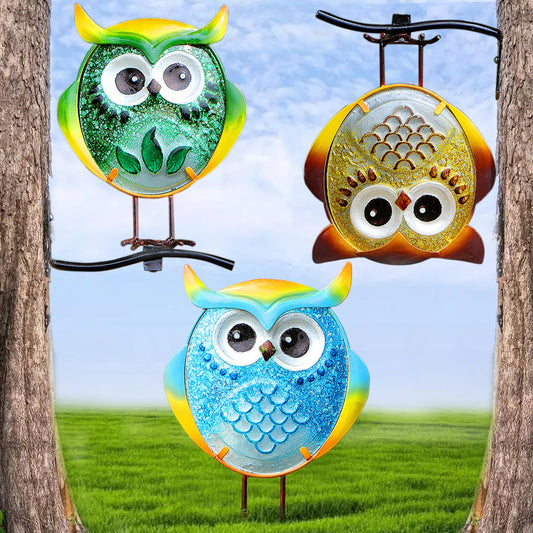 LEGIFO Owl Garden Decor for Outside, Stand & Tree Hugger Outdoor Owls Stakes Yard Art Set of 3, Funny Metal & Glass Stake Gifts for Grandma Mom Women