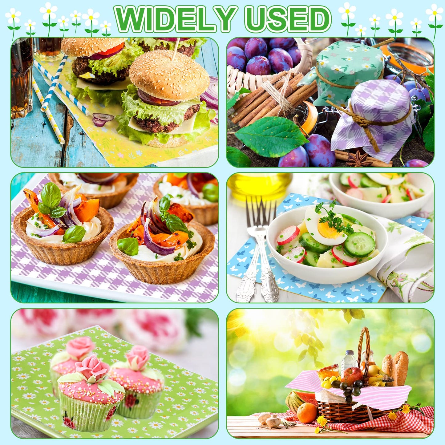 240Pcs Wax Paper Dry Waxed Deli Paper Sheets 12x12 inch Sandwich Wrap Paper Floral Parchment Sheets Basket Liner Food Paper Sheets for Carnival Home Kitchen Picnic Spring Summer Tea Party Favors