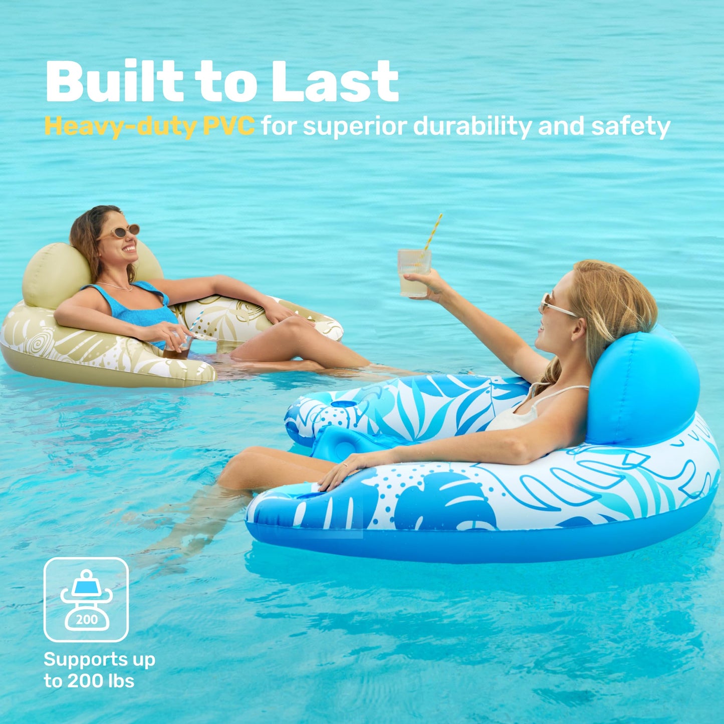 SLOOSH Inflatable Pool Floats Adult, 4 Pack Pool Chairs with Cup Holders,Blow up Floats Chair,Hammock Noodle Mat Leaves Design for Summer Water Fun Swimming Party Beach,Blue, Cyan, Pink, Champagne