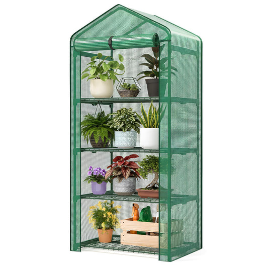 Superlele 4-Tier Mini Greenhouse for Indoor Outdoor, 19.3x27.2x62in Vertical Plant Green House with Adjustable Shelves, Reinforced Green PE Mesh Cover and Zippered Door, Heavy Duty Steel Frame