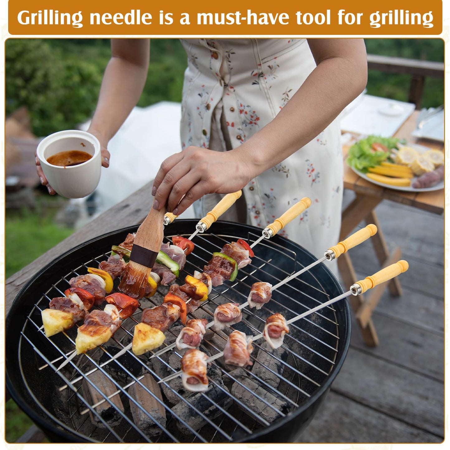 Minatee 16 Inch Kabob Skewer with Wood Handle for BBQ Camping Cookware Campfire Grill Cooking, Stainless Steel, Metal Skewers for Kabobs with Wood Handle (50 Pcs)