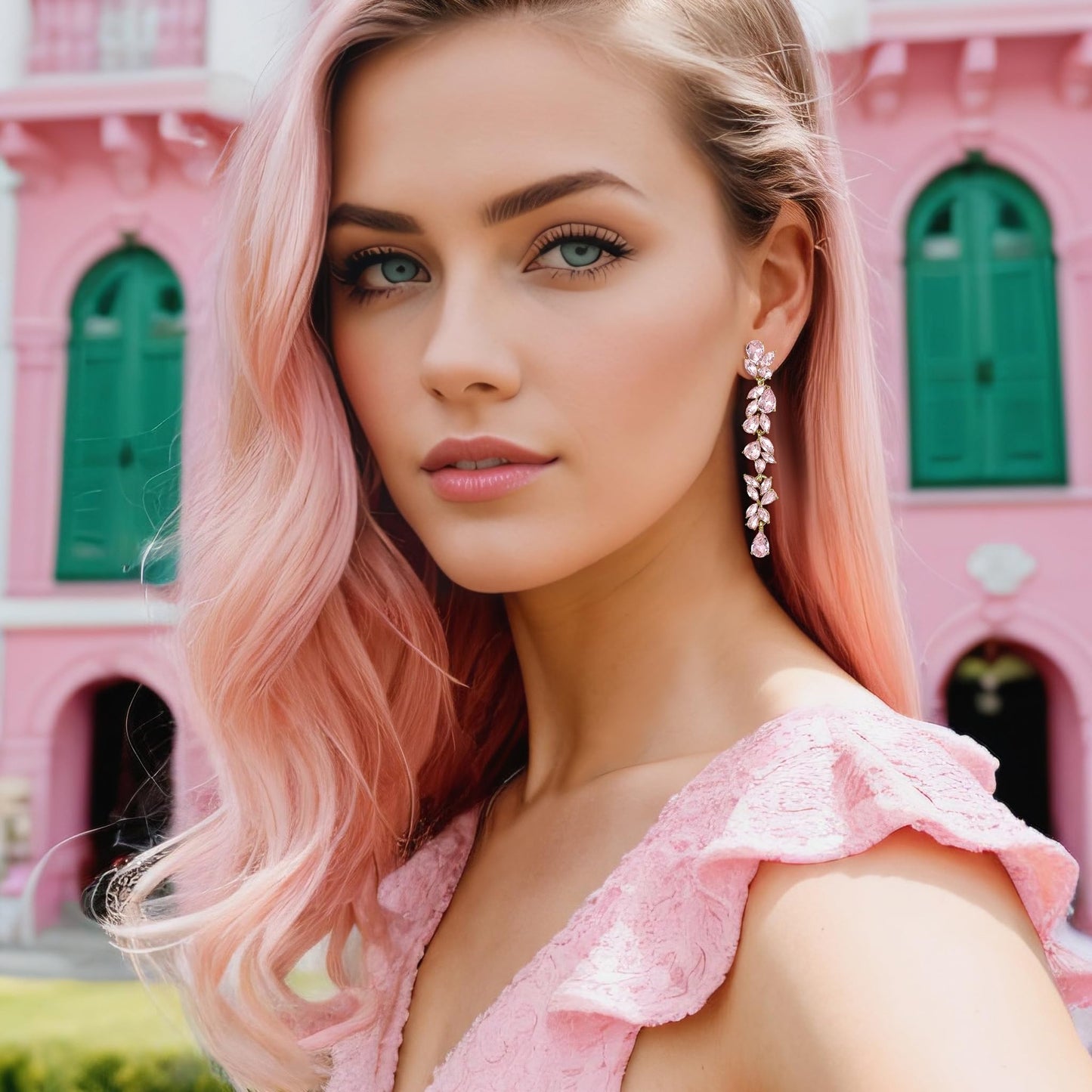 EVER FAITH Wedding Rhinestone Crystal Chandelier Dangle Earrings for Women Brides, Art Deco Marquise Teardrop Bridal Long Drop Earring for Prom Pink