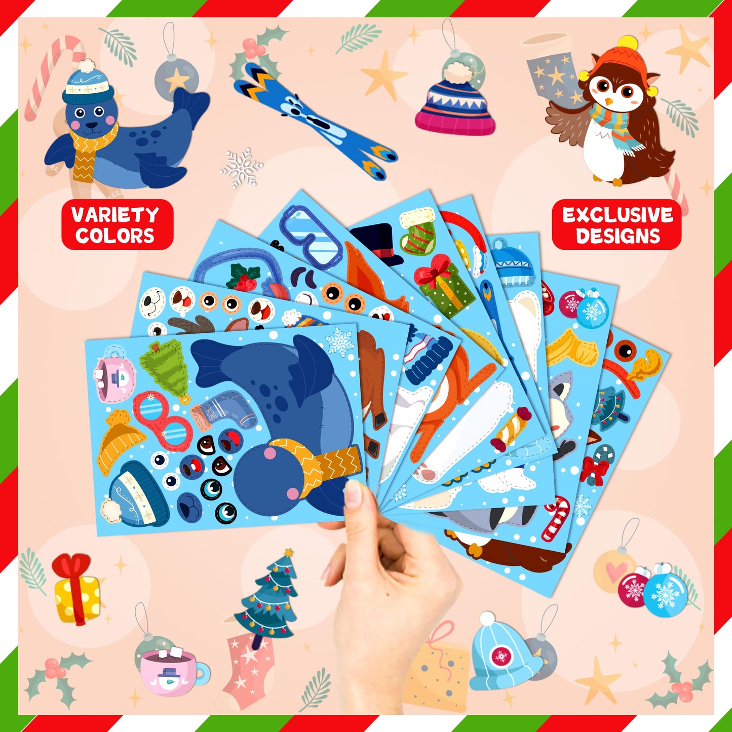 LINAYE 63 Sheets Winter Stickers for Kids Toddlers, Make A Face Winter Animals Crafts Stickers Party Favors Game Activities for Kids Classroom, 9 Designs, Christmas Goodie Treat Bag Stocking Stuffers