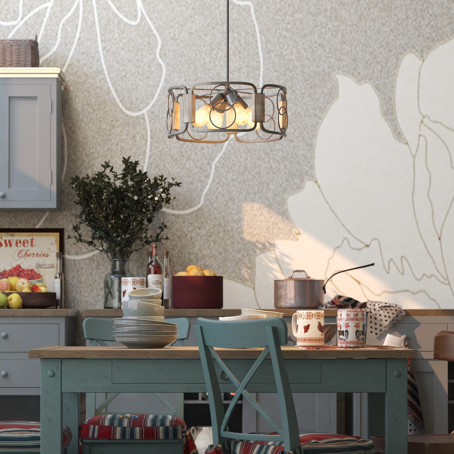 Inlight 16" Modern Farmhouse 4-Light Drum Island Chandelier with Distressed Wood Accents, Brushed Silver Gray Finish, Semi-Flush Convertible Pendant, IN-0336-4-WD