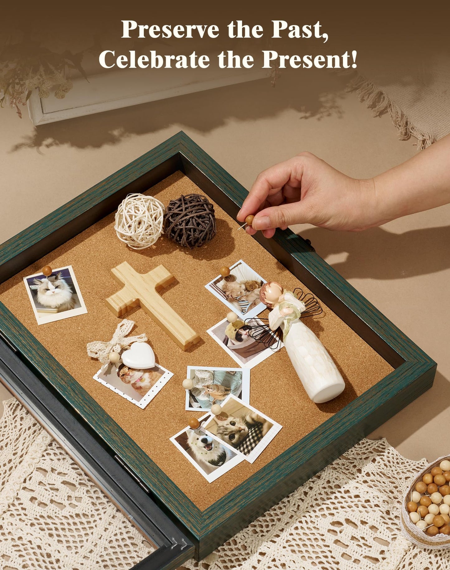 FOLKOR 8x10 Rustic Display Case for Wedding Memories Dried Flowers, with Pins and Tapes, DIY Shadow Box Wall Art for Trinkets, Memorabilia, Memorial Gift for Birthday Mother's Day Housewarming (Green)